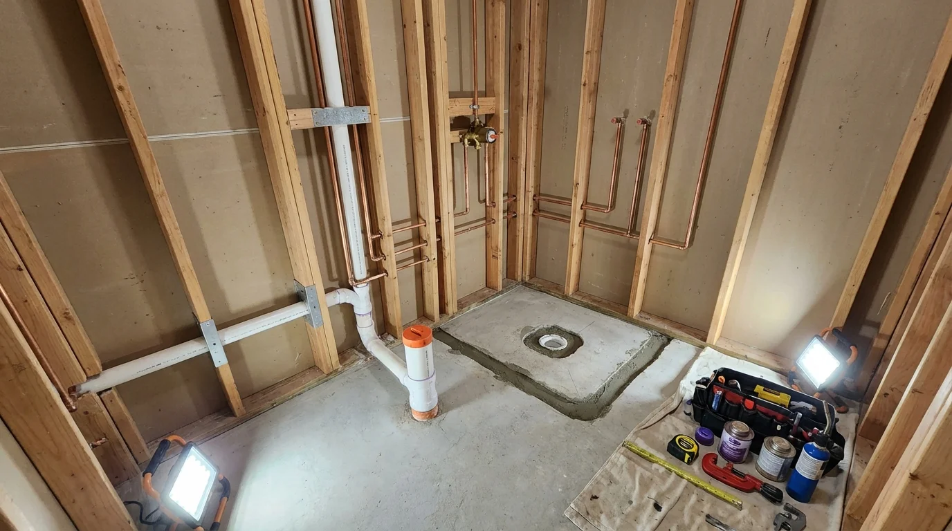 Bathroom rough-in plumbing during remodel by Johns Plumbing LLC in Lombard
