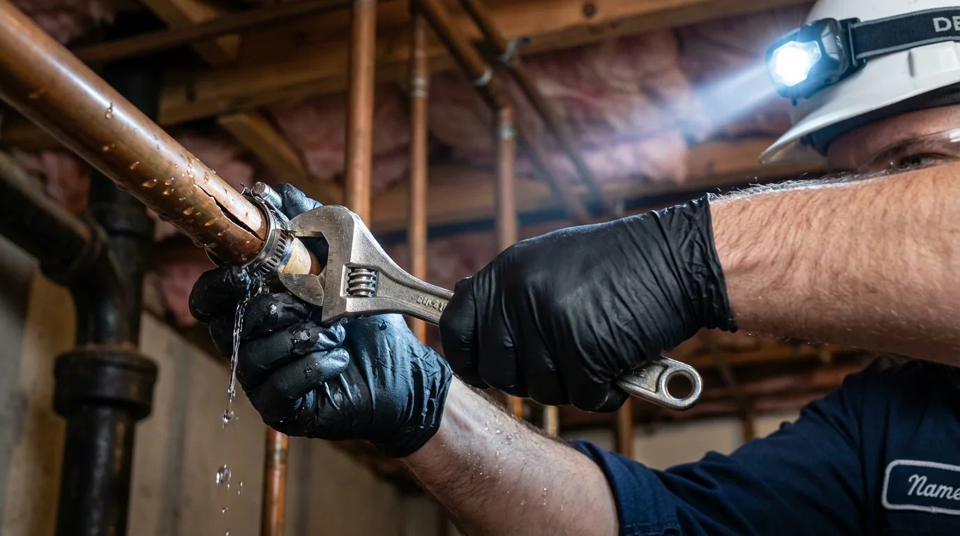 Emergency pipe clamp repair being performed by a Johns Plumbing LLC plumber in Lombard