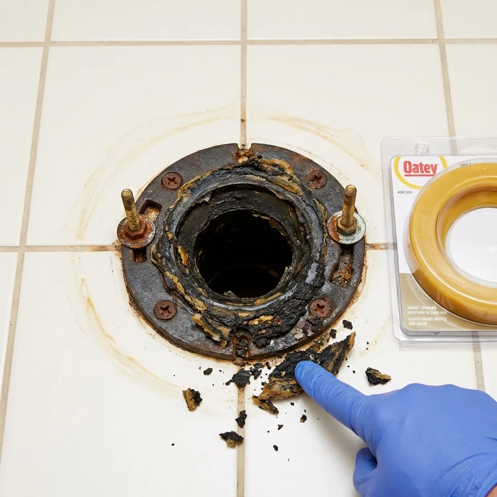 Failed wax ring showing water seepage at the base of a toilet in a Lombard, IL home