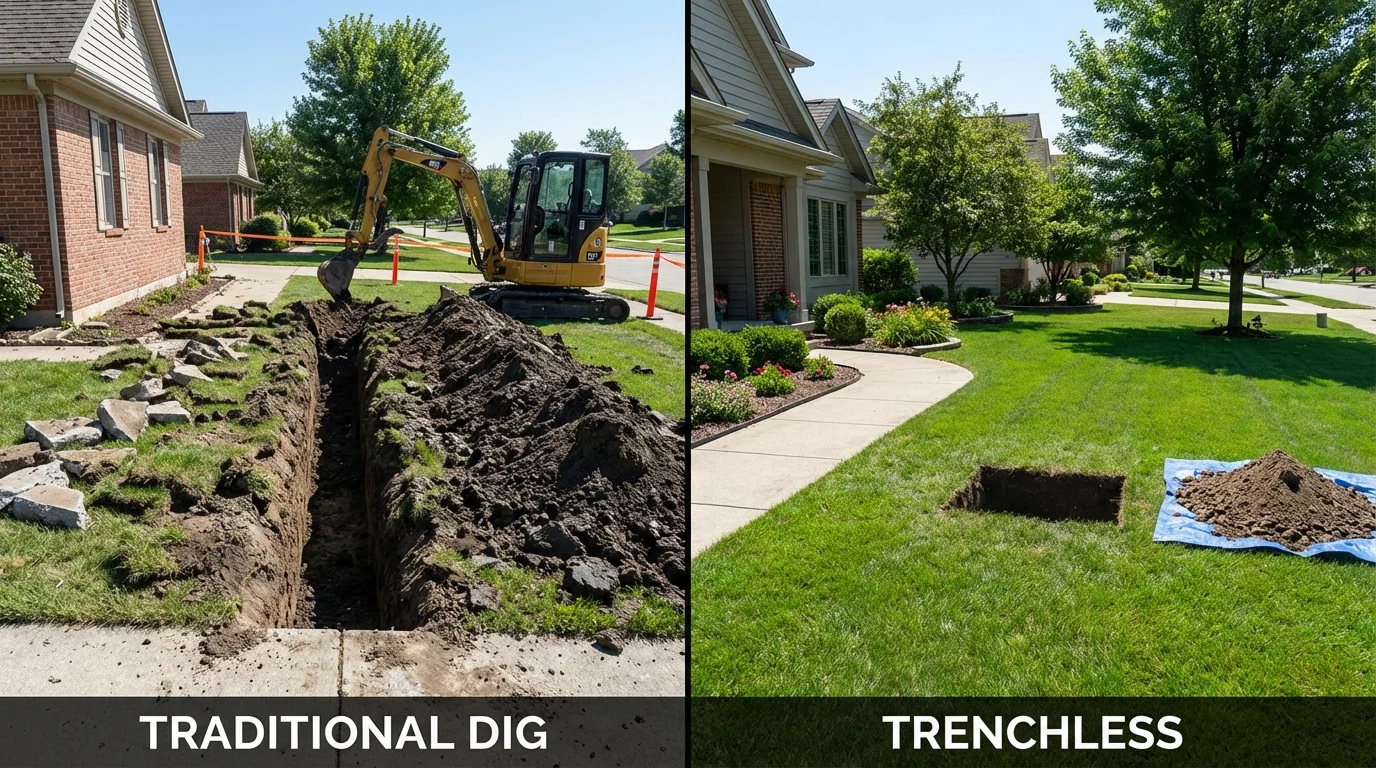 Trenchless sewer repair with minimal yard damage versus traditional excavation in Lombard, IL