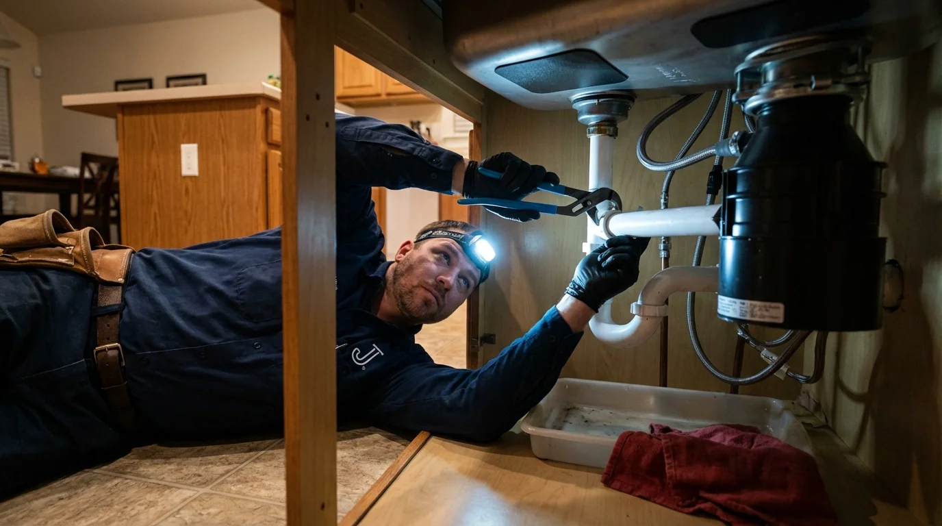 P-trap and supply line connections under a kitchen sink showing a common leak point in Lombard, IL